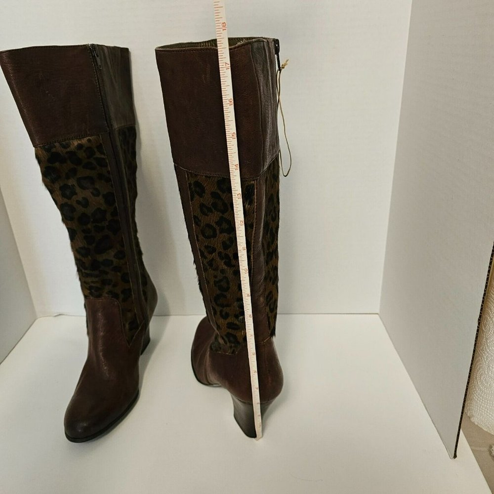 Born Brown Boots Knee High Zip Leopard Print Pony Hair Women Size 9 1/2 - Picture 2 of 16